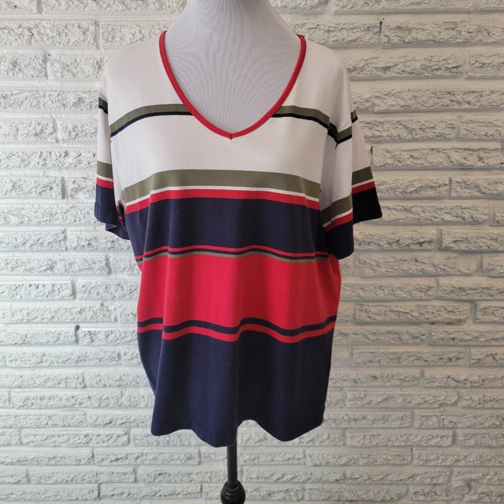 Patriotic Dress Barn Womens Top 22 24 Plus Tee Blue Red Stripe STR152E